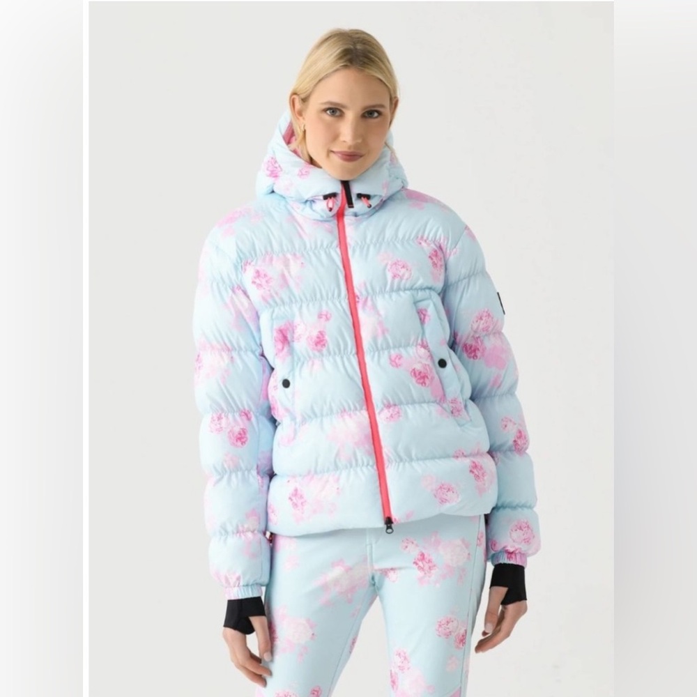 LoveShackFancy x Bogner Light Blue and Pink floral Puffer Jacket